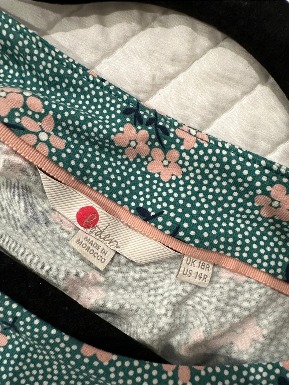 Boden Teal Floral Midi jersey Dress with Pink Blossoms, 14R - Picture 3 of 3